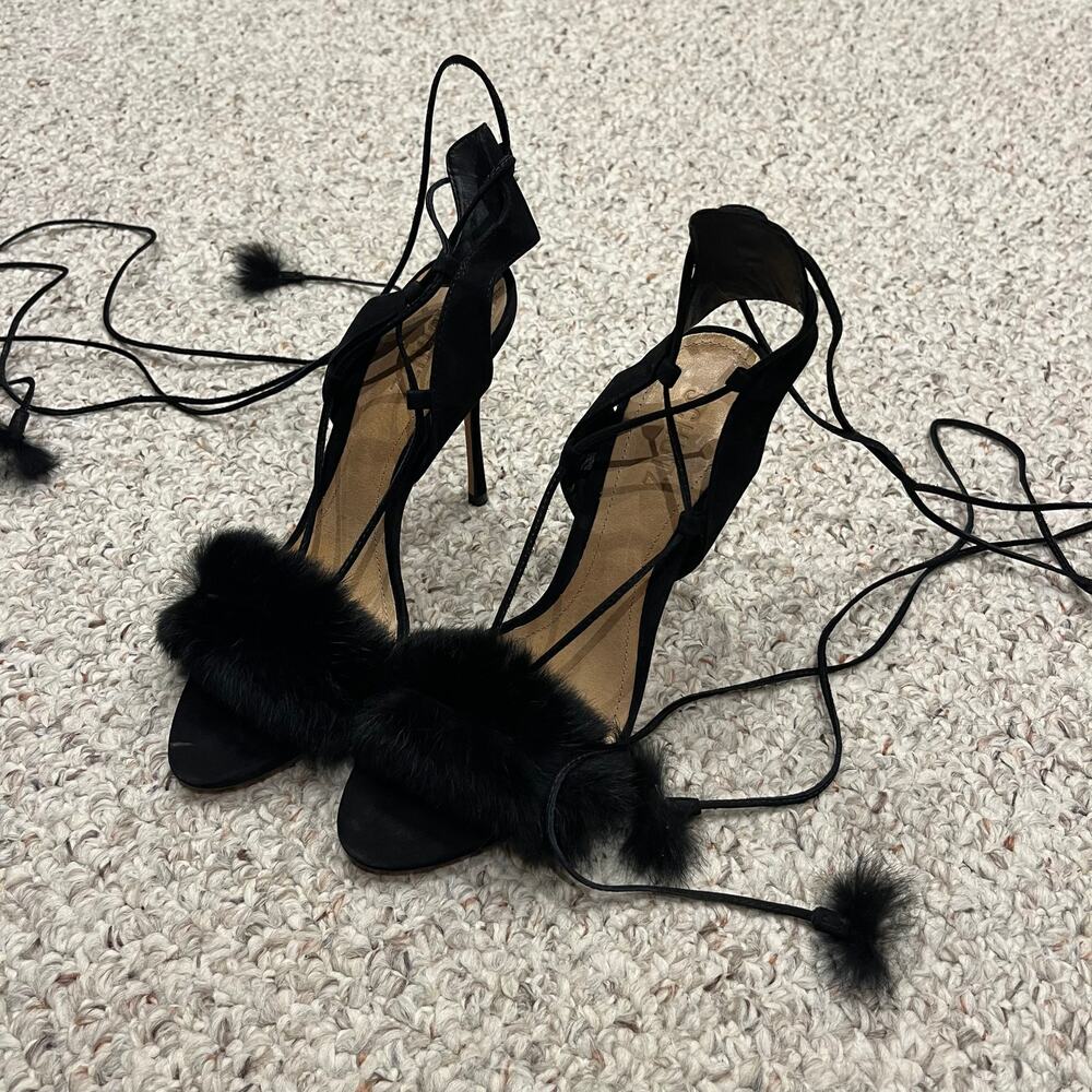 SCHUTZ Black Faux Fur Lace-Up Stiletto Heels